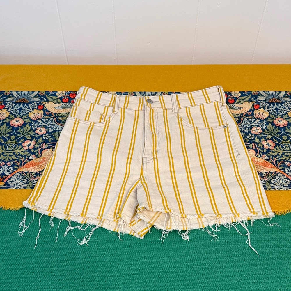 Striped Yellow & White Frayed Hem Women’s Shorts